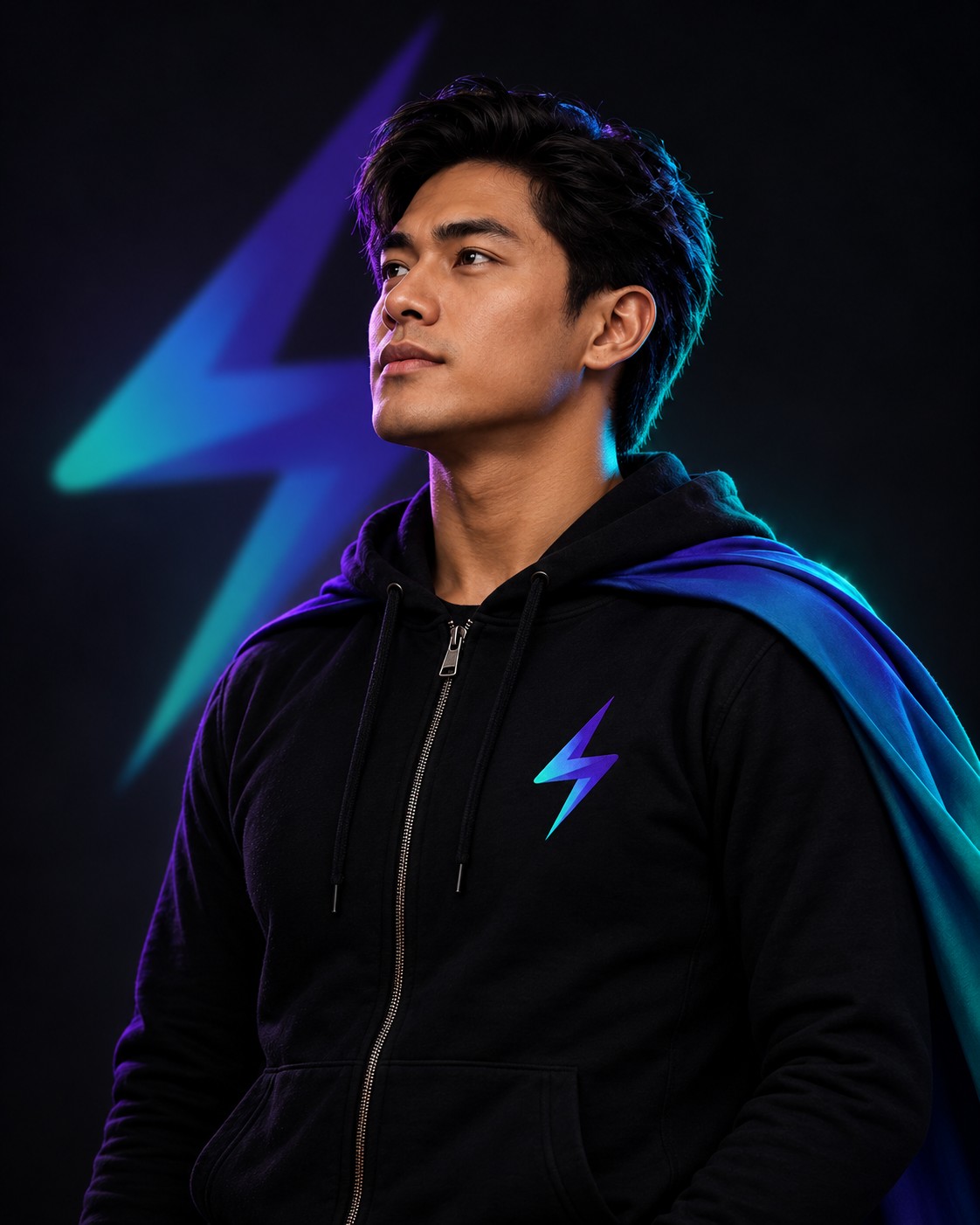 Super Sidekick operator wearing a branded hoodie and cape
